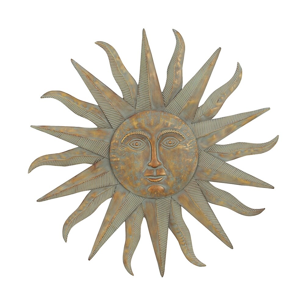 Gold Metal Indoor Outdoor Distressed Sunburst Wall Decor with Copper Like Accents and Grooves   35 x 1 x 35Round