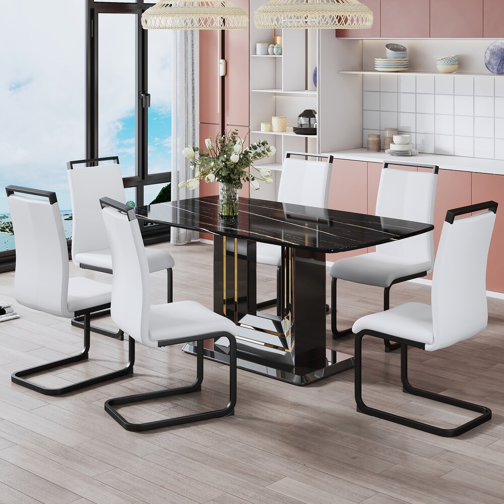 A table and six chairs. The table features a black imitation marble pattern and MDF legs. The chair has white PU cushion