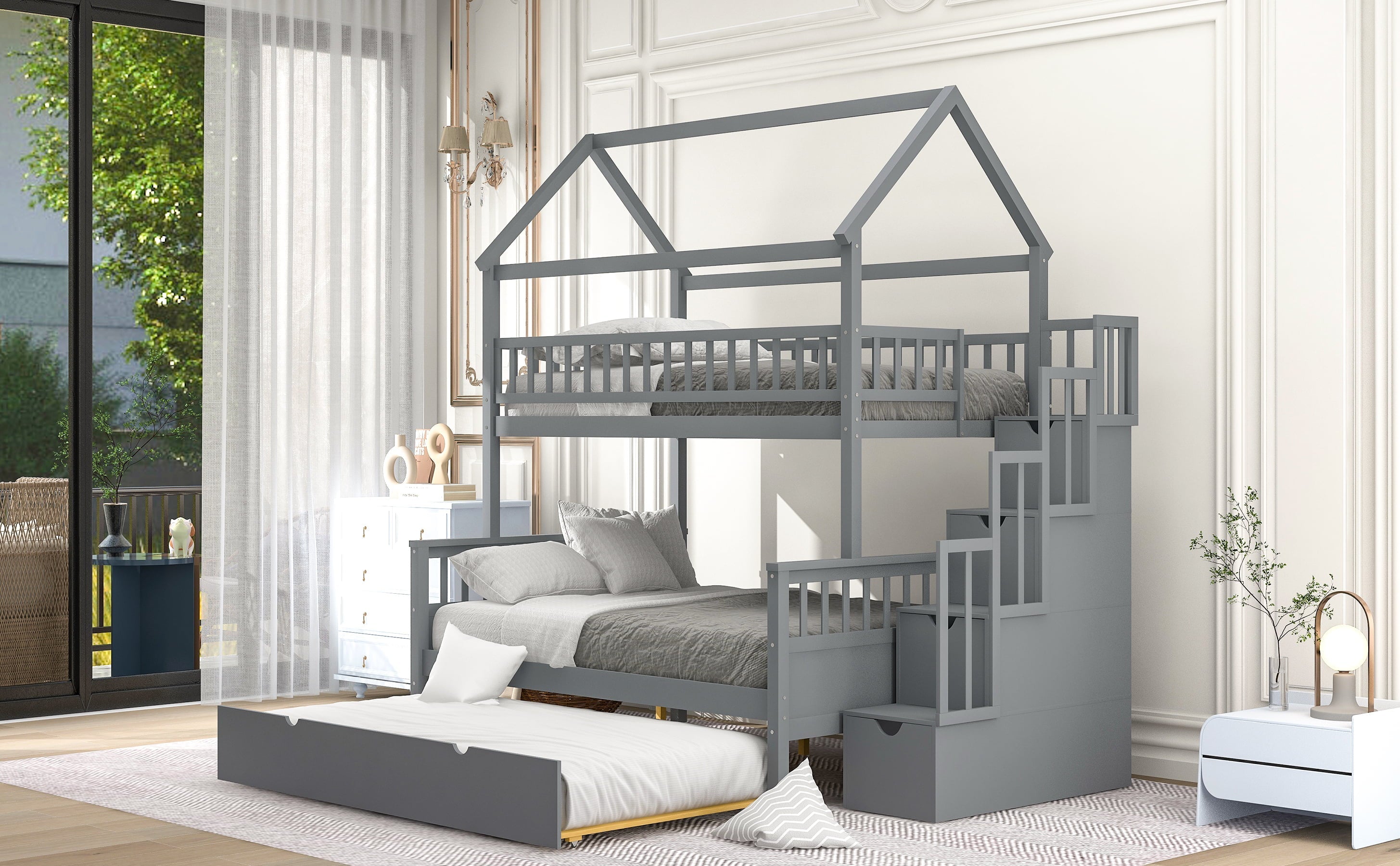 EUROCO Twin over Full House Bunk Bed with Trundle for Kids, Gray