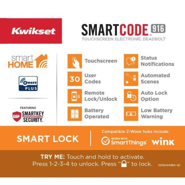 Kwikset Z-Wave SmartCode 916 Touchscreen Satin Nickel Single Cylinder Electronic Deadbolt with Avalon Handleset and Tustin Lever 916TRLHSET15