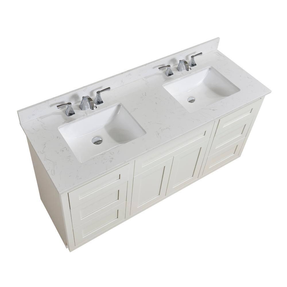 Altair 61 in W Engineered Stone Double Basin Vanity Top in Jazz White with White Basins