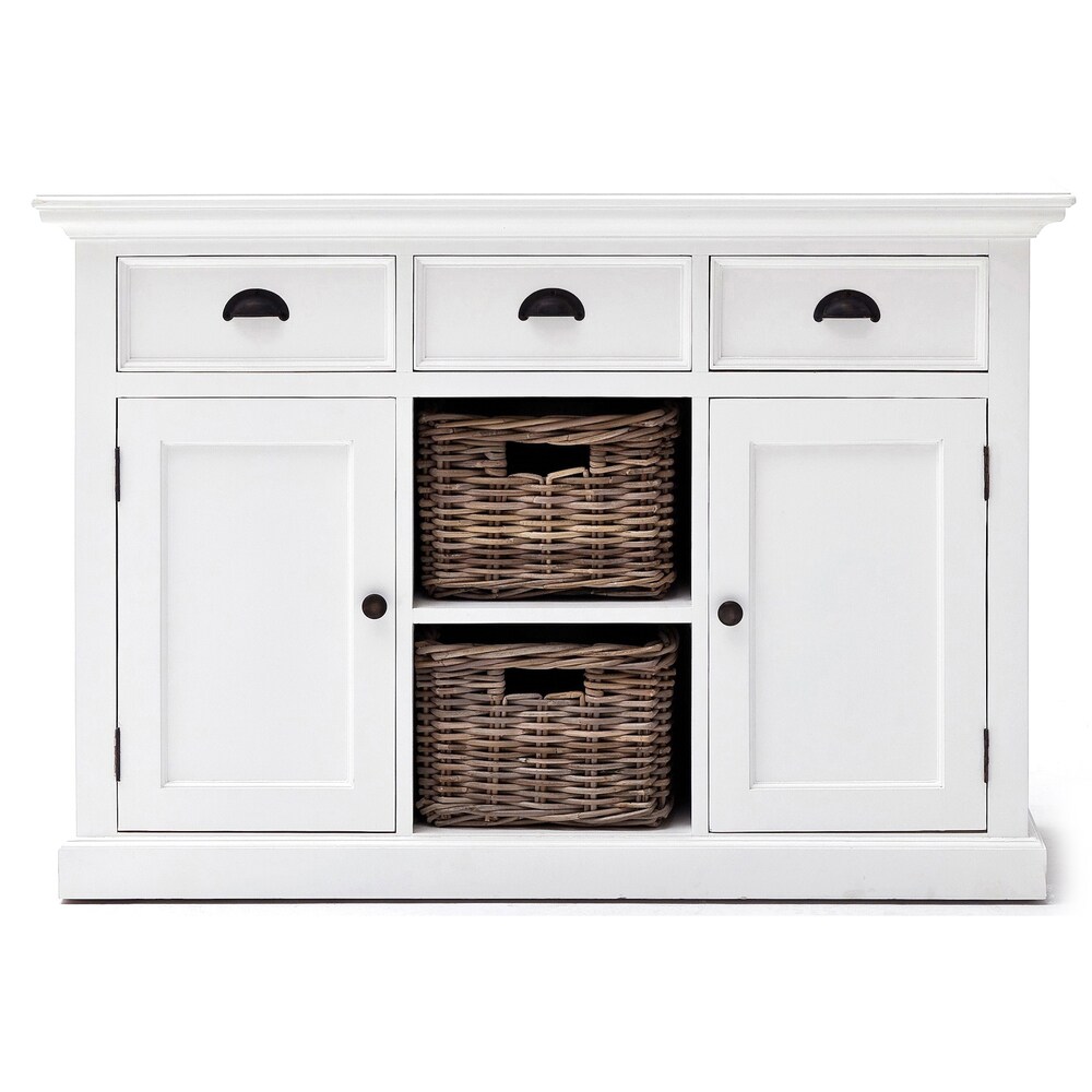 NovaSolo Halifax Coastal White Buffet with 2 Baskets  Solid Mahogany Frame  49.21 x 19.69 x 33.46   49.21 x 19.69 x 33.46