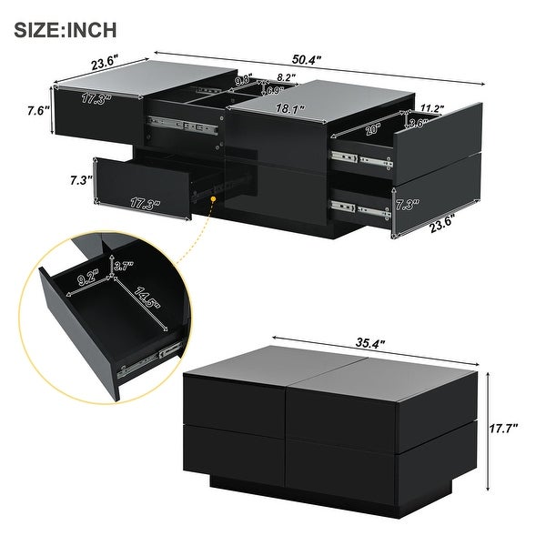 Extendable Coffee Table with 4 Drawers and Hidden Storage Compartment