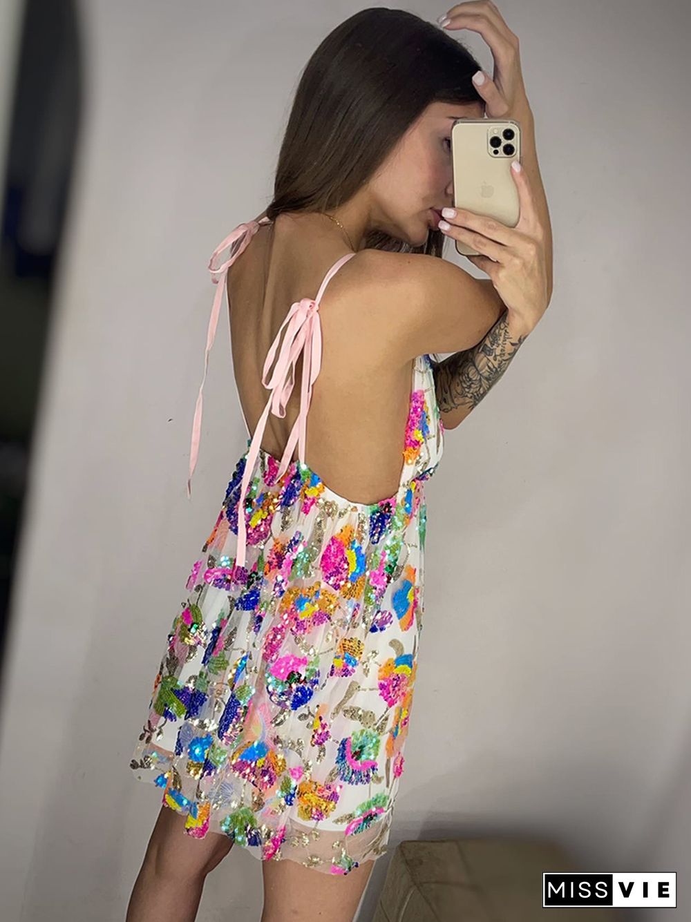 Sleeveless Floral Sequined Pink Sexy Party Dress Deep V Neck Backless Short Night Club Out Summer