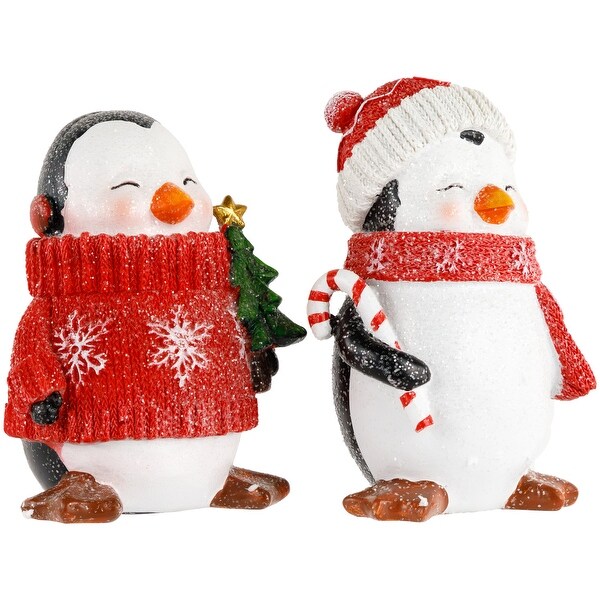 Cozy Glitter Penguins with Sweater and Scarf Christmas Figurines