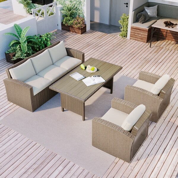 4-Piece Wicker Furniture Set with Table and Cushions - Overstock - 37500108