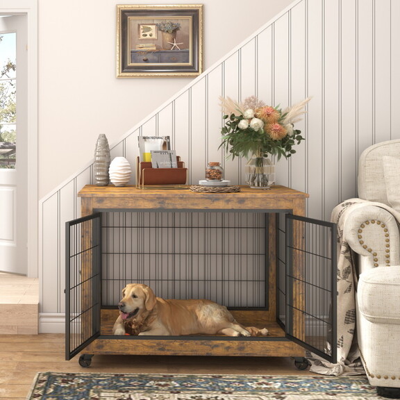 Furniture Dog Cage Crate with Double Doors  Rustic...