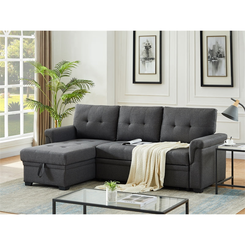 Pemberly Row Linen Fabric Reversible Sleeper Sofa Storage Chaise in Gray