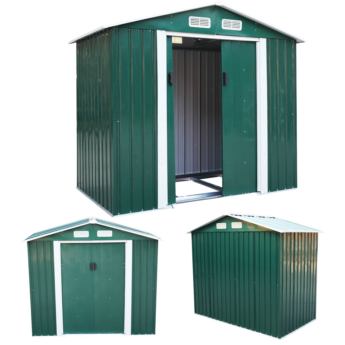 Jaxpety 7' x 4' Large Outdoor Steel Storage Shed with 4 Vents,Double Sliding Door, Stable Base, Green