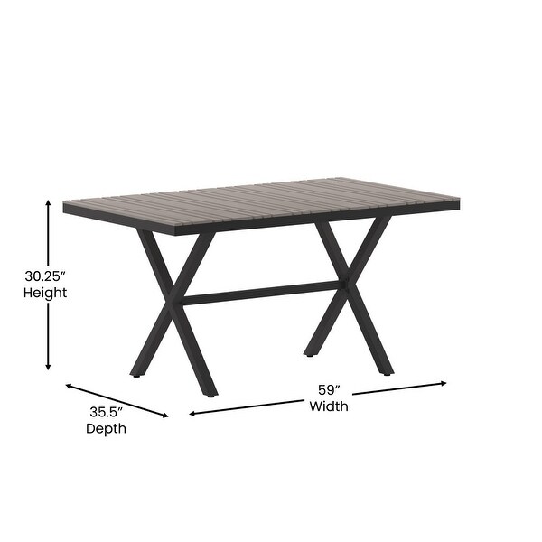 Commercial 59 x 35.5 Cross Frame Faux Teak Outdoor Patio Table