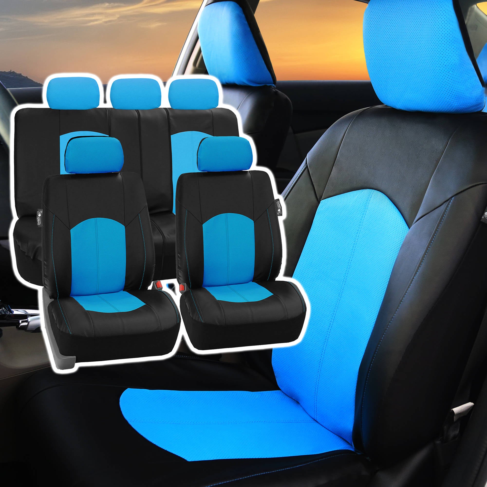 FH Group， Blue Black Deluxe Leather Seat Covers Full Set w/ Free Air Freshener， Airbag Compatible / Split Bench Covers