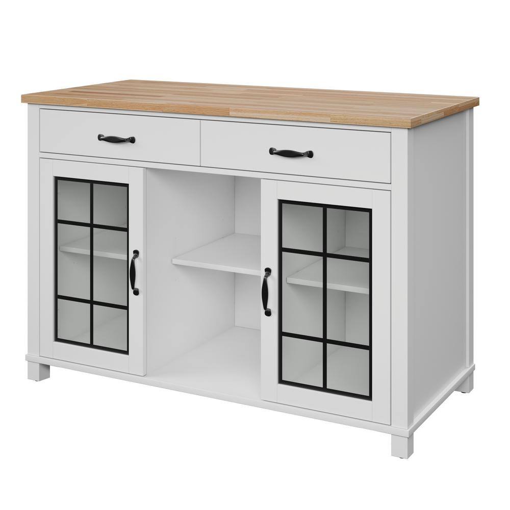 Twin Star Home Brilliant White and Wood Top 50 in. Kitchen Island with Cabinets and Optional Casters KC8671-PF08