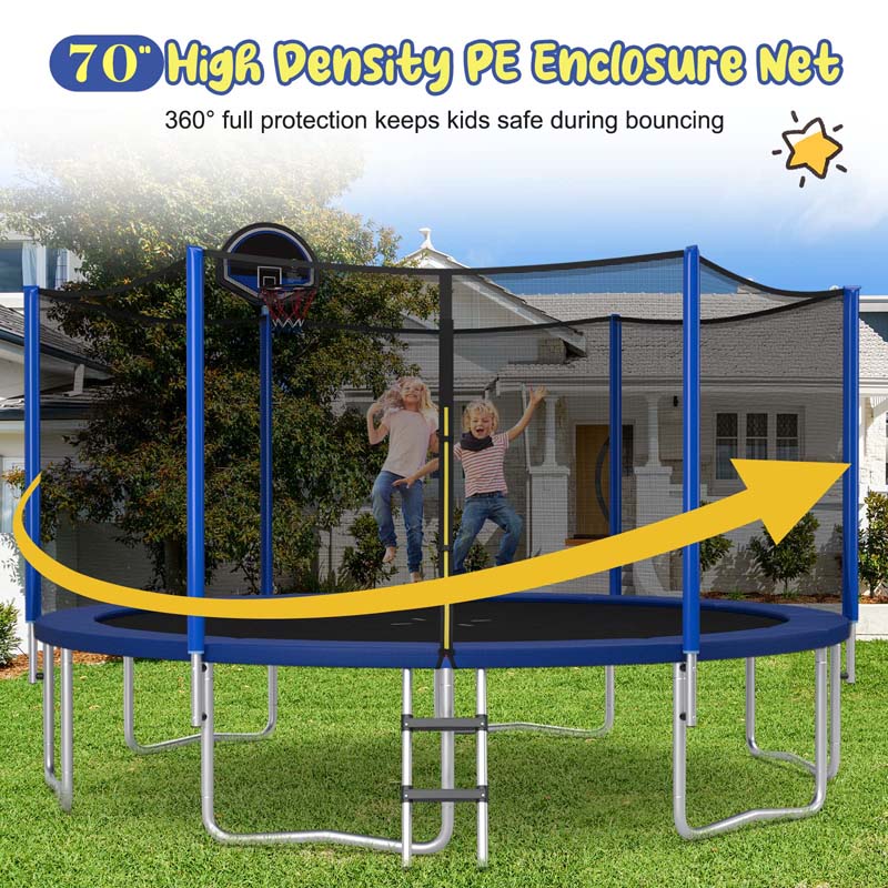 12/14/15/16 FT ASTM Approved Outdoor Recreational Trampoline with Basketball Hoop & External Enclosure Net