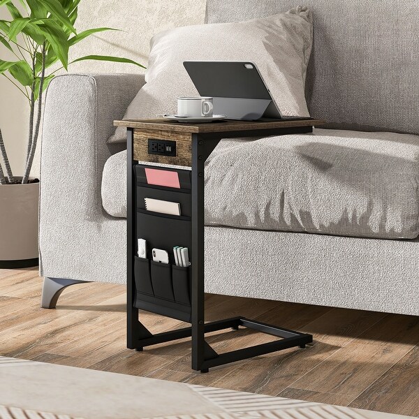 Gymax 2PCS C Shaped End Table Sofa Side Table with Charging Station and