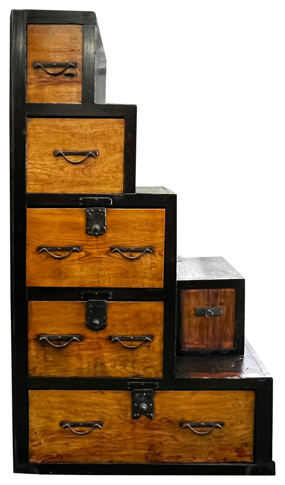 Vintage Restored Distressed Brown Black Narrow Tansu Step Cabinet Hcs7553   Traditional   Accent Chests And Cabinets   by Golden Lotus Antiques  Houzz