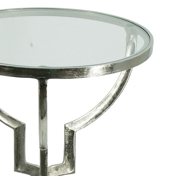 24 Inch Accent Side Table， Smooth Glass Top， Hourglass Base， Silver Finish - 15.7L x 15.7W x 23.6H， in inches