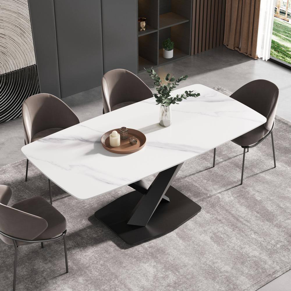 JE Home 70.87 in. Rectangle White and Black Sintered Stone Tabletop Dining Table with Carbon Steel Base (Seats 8) JE-DTT18AGDTL3B