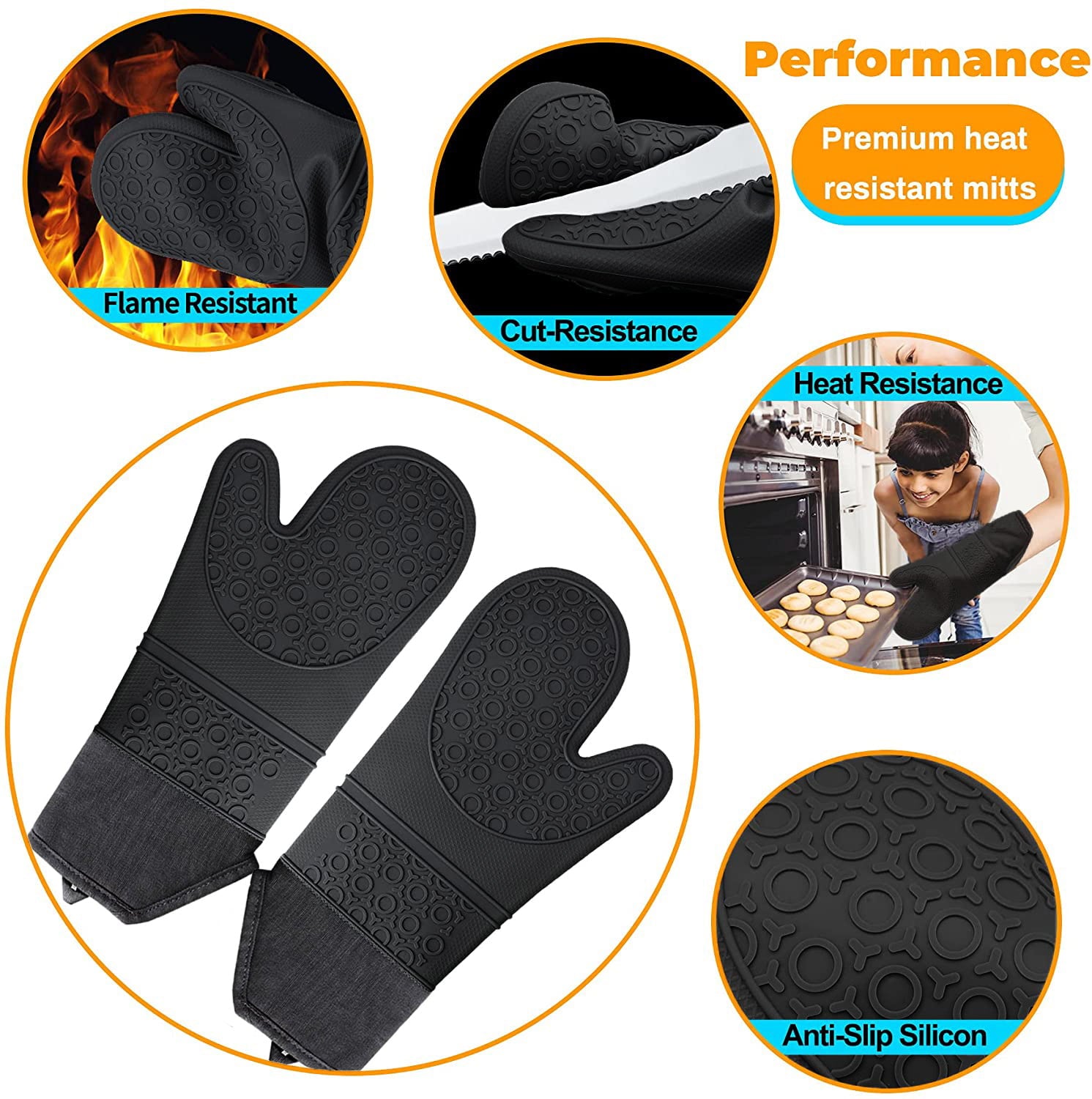 Extra Long Oven Mitts and Pot Holders Sets， RORECAY Heat Resistant Silicone Oven Mittens with Mini Oven Gloves and Hot Pads Potholders for Kitchen Baking Cooking， Quilted Liner， Black， Pack of 6