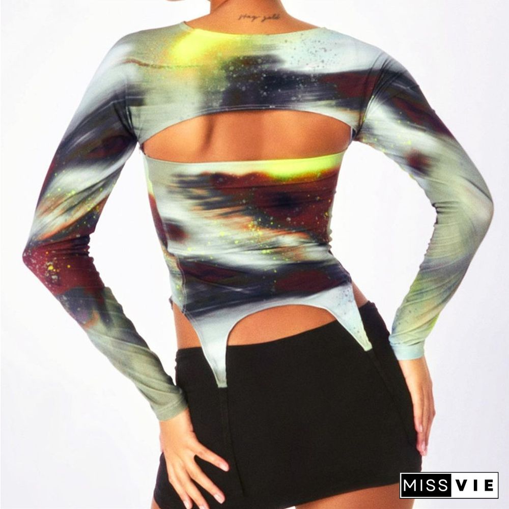 Sexy Asymmetrical Hem Crop Tops Fashion Tie-dye T Shirt With Buckle Women Long Sleeve Tee Summer Hollow Out Tshirts