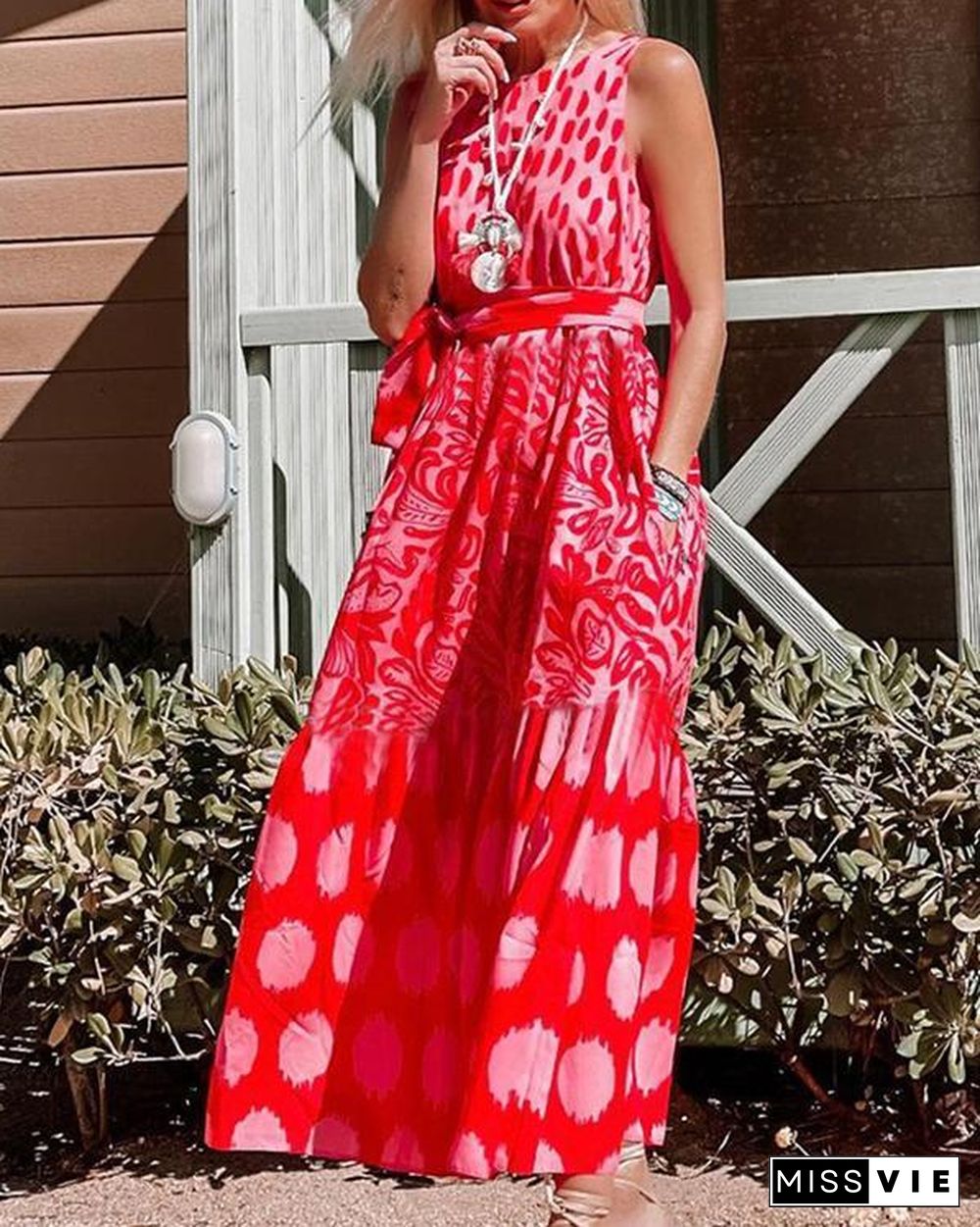 Fashion Red Print Sleeveless Maxi dress