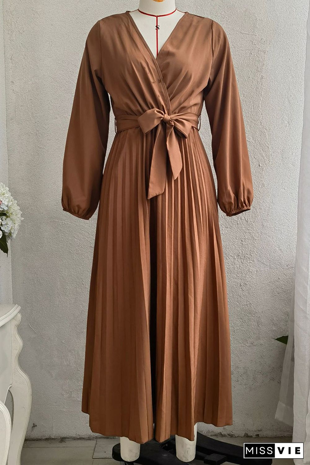 Plain Wrap V Neck Pleated Maxi Dress