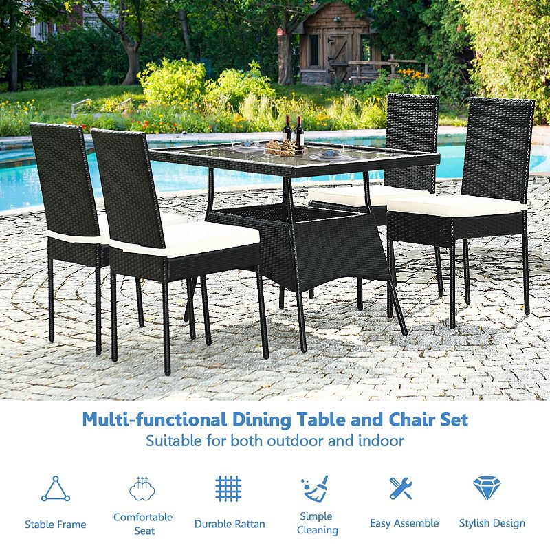 5 Pieces Outdoor Patio Rattan Dining Set with Glass Top with Cushions