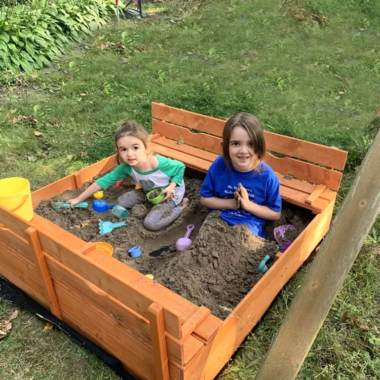 Kids Sandbox with Lid Sand Box for Kids Outdoor with Lid Cedar Wooden Sand Pit Box for Kids with 2 Foldable Bench Seats 4 ft x 4 ft Sand Boxes for Kids Outdoor with Lid Sandbox Toys for 2-8 Years