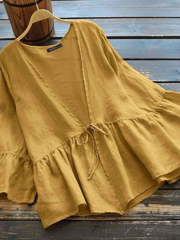 Ladies Casual Cardigan Lantern Sleeve Cotton Linen Top