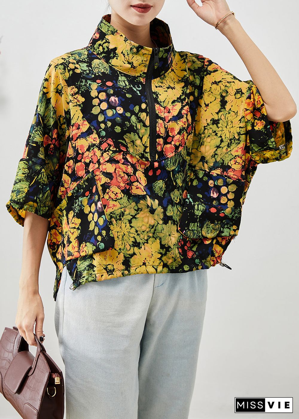 Yellow Print Cotton Sweatshirts Top Oversized Drawstring Short Sleeve