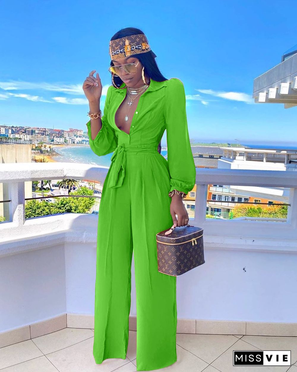 Casual Shirt Collar High Waist Wide Leg Jumpsuit With Belt