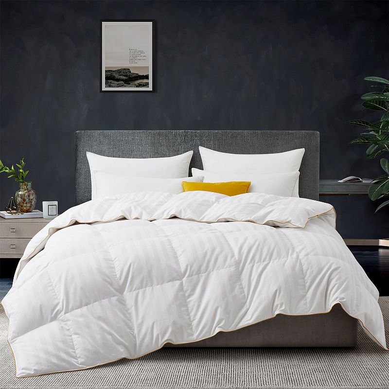 Unikome All Season Classic Stripped White Goose Down Fiber Comforter with 500TC Cotton Fabric with Golden Satin Wrapping