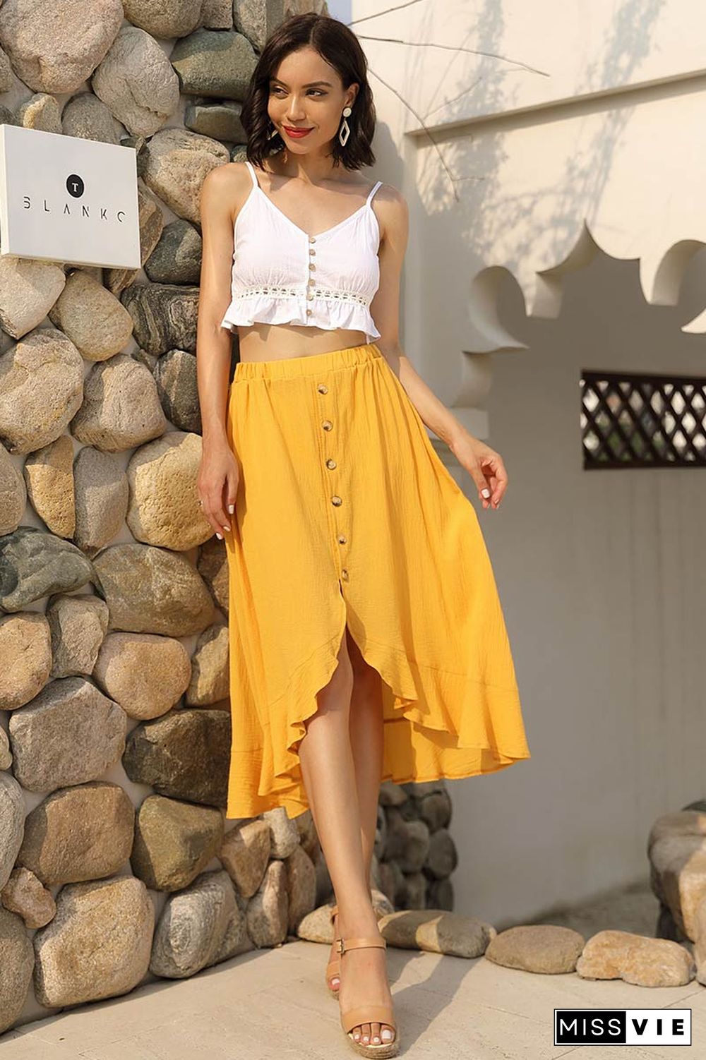 Yellow Asymmetrical Ruffled Buttoned Skirt