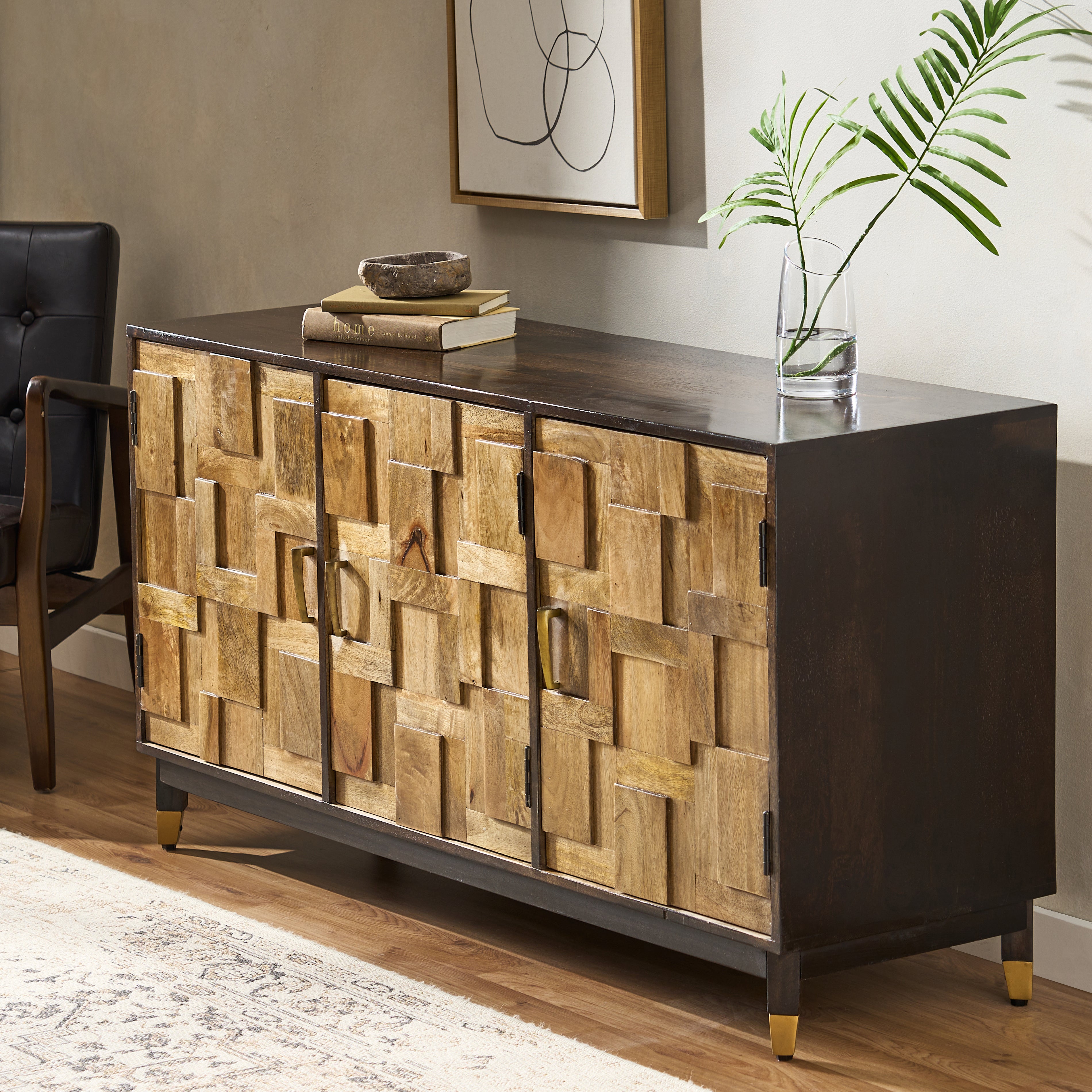 Graniss Boho Handmade Mango Wood 3 Door Sideboard, Walnut and Natural