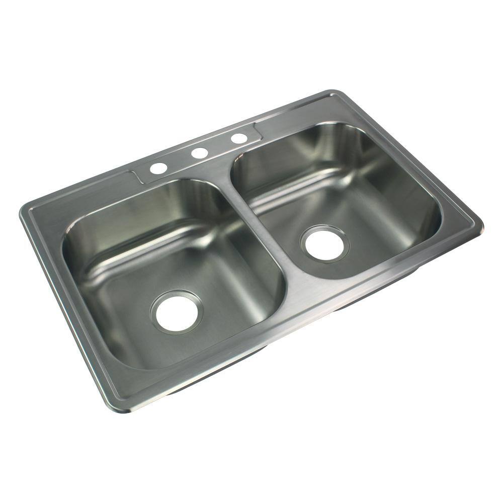 Transolid Select Drop-In Stainless Steel 33 in. 3-Hole 5050 Double Bowl Kitchen Sink in Brushed Stainless Steel STDE33227-3