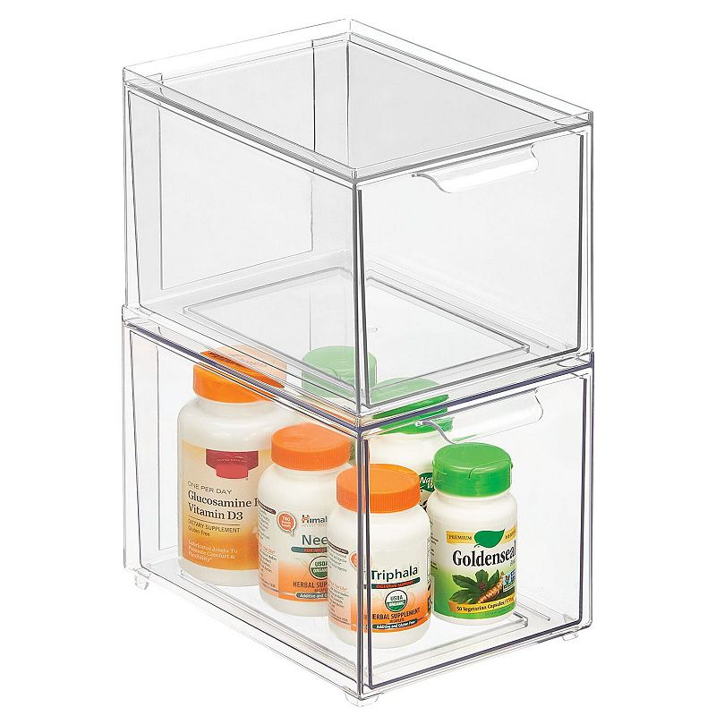 mDesign Clarity 8 x 6 x 6 Plastic Stackable Bathroom Storage Organizer with Drawer， 2 Pack