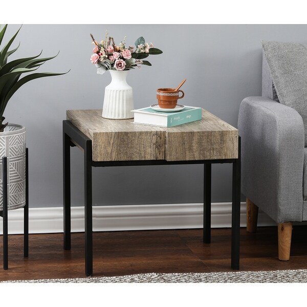 Rustic Oak Brown Manufactured Wood and Black Metal Side Table - 20