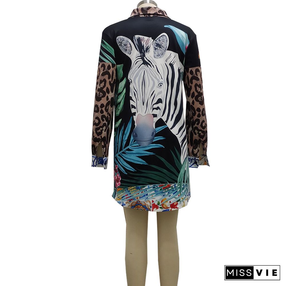 Women Chic Fashion Animal Print Vintage Long Sleeve Button-Up Shirt Loose Fit Mini Dress