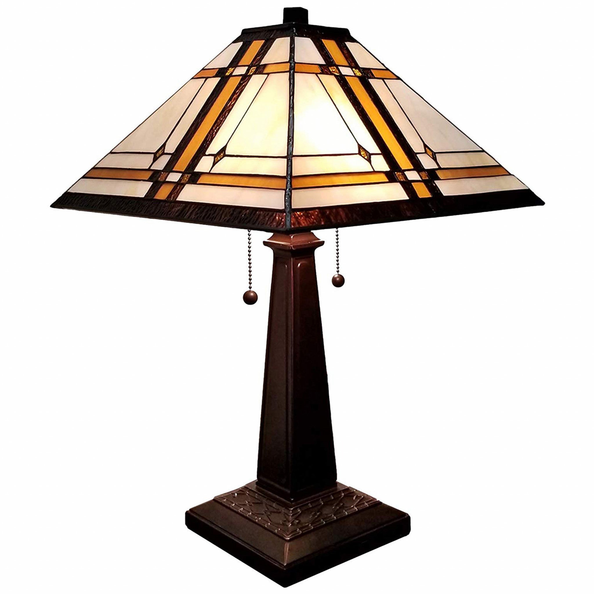 23" White Amber and Brown Stained Glass Two Light Mission Style Table Lamp