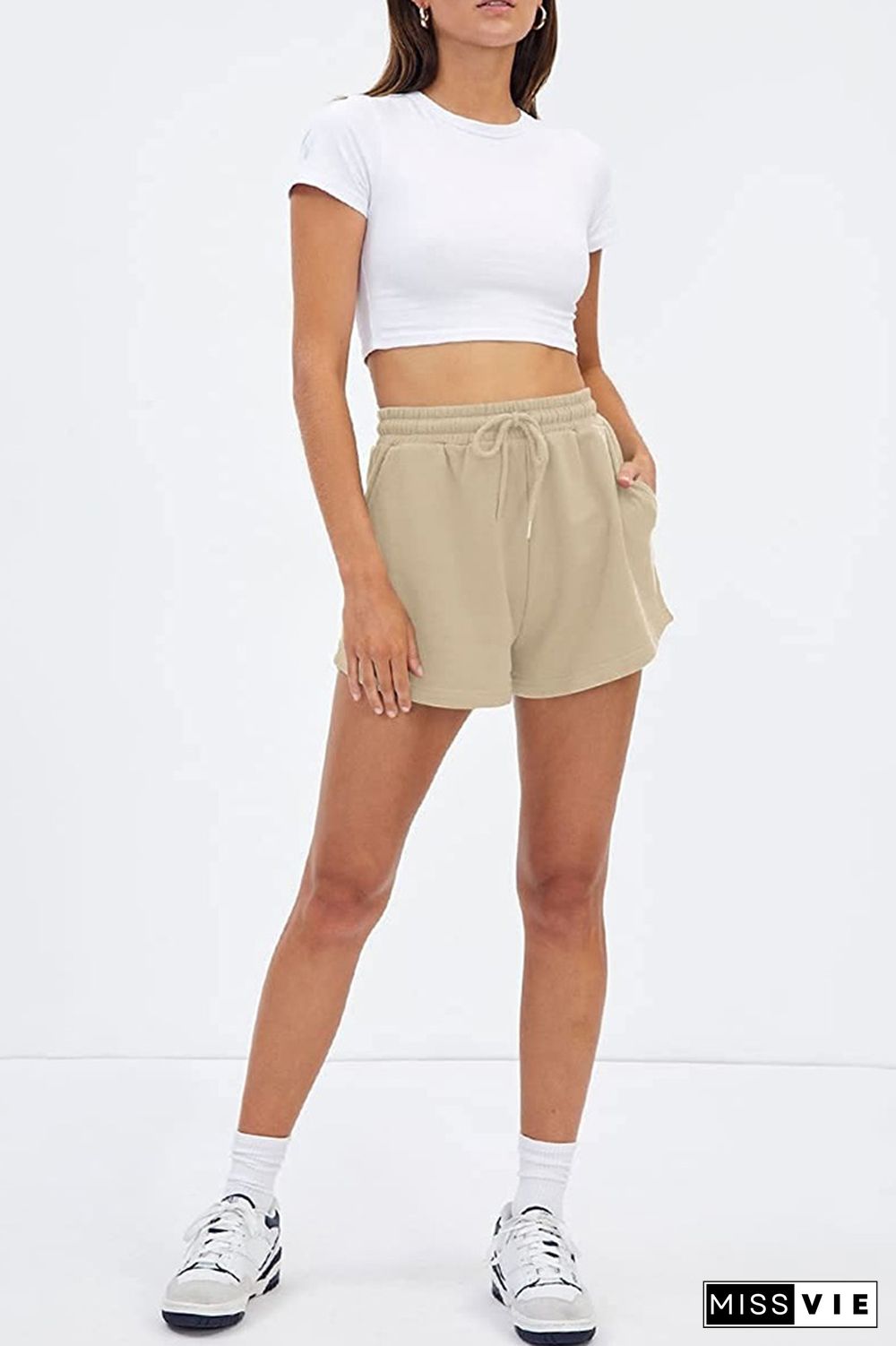 Plain High Waist Drawstring Shorts