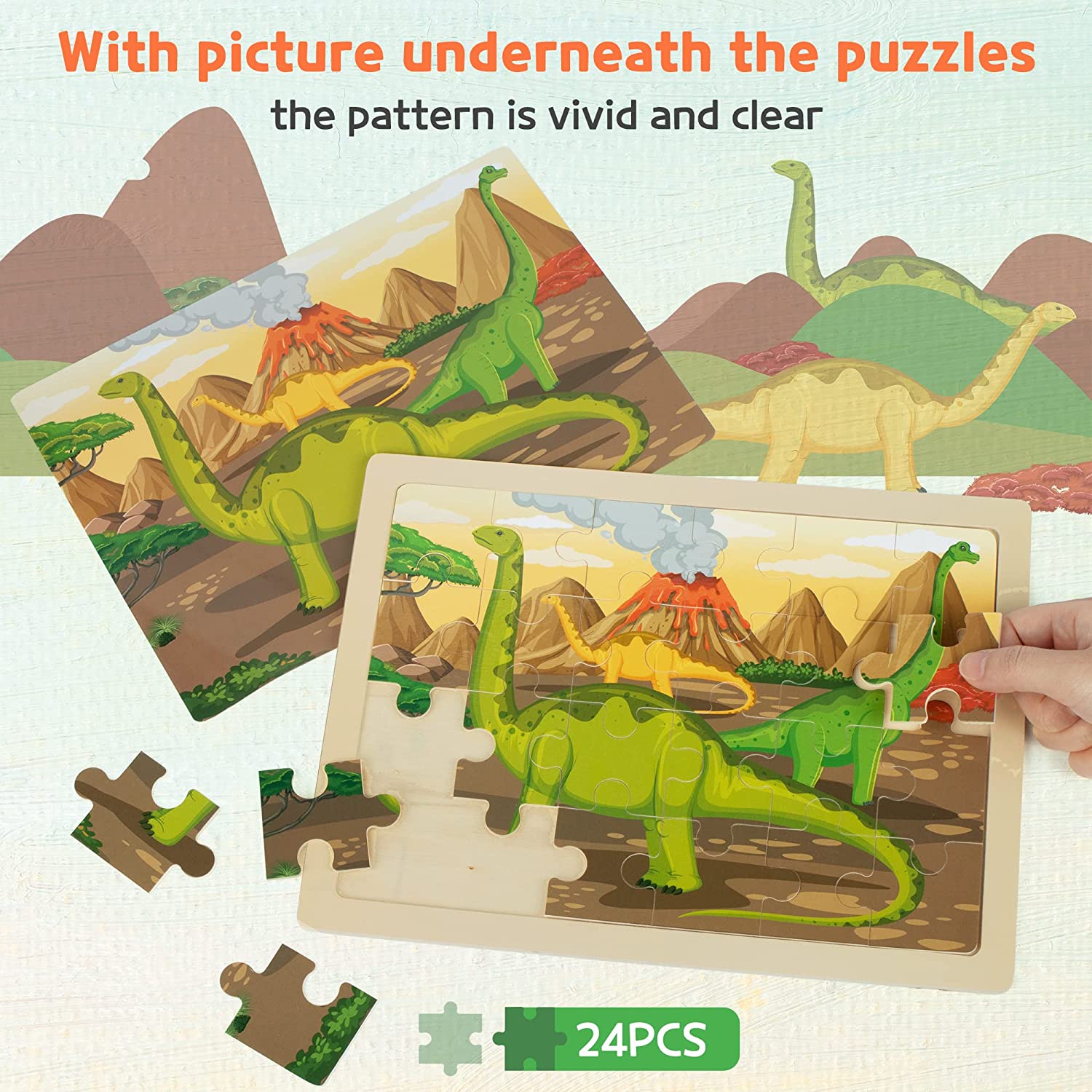 SYNARRY Wooden Dinosaur Puzzles for Kids Ages 3-5， 4 Packs 24 PCs Jigsaw Puzzles Preschool Educational Brain Teaser Boards Toys Gifts for Children， Wood Dino Puzzles for 3 4 5 6 Year Old Boys Girls