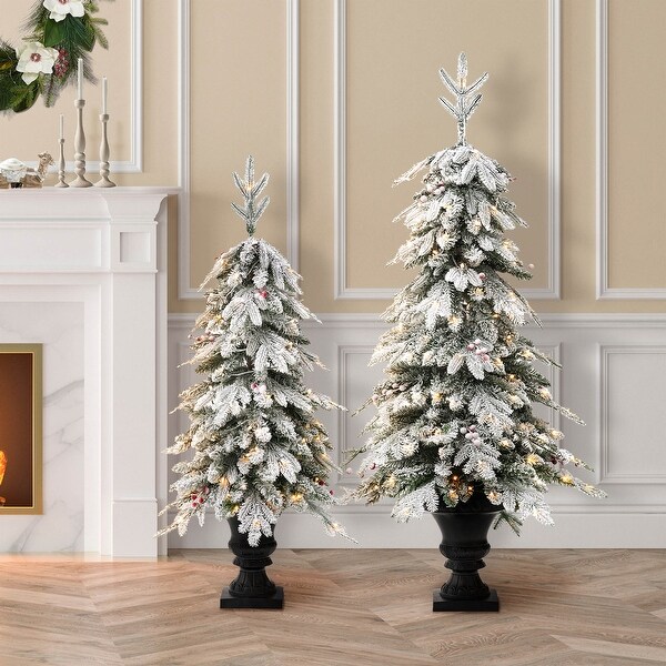 Glitzhome 4FT/5FT PreLit Flocked Fir Artificial Christmas Potted Porch Trees