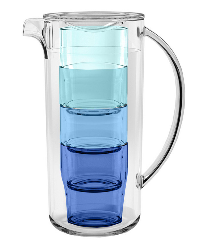 TarHong Simple Stacked Nested Pitcher Set with 4 Assorted Color Glasses 91 oz. Premium Plastic 5 Piece Set