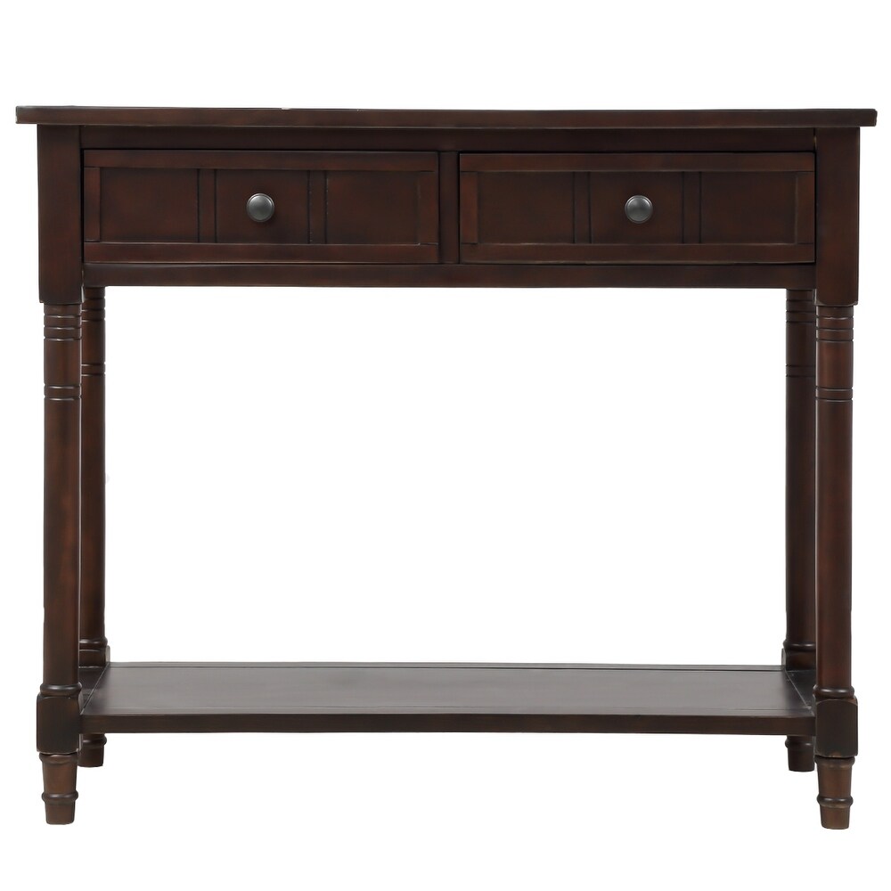 Espresso Wood 2 Drawers Console End Table with Bottom Shelf