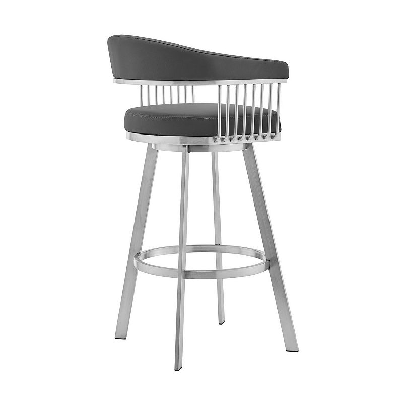 Swivel Barstool with Open Frame and Slatted Metal Arms， Gray and Silver