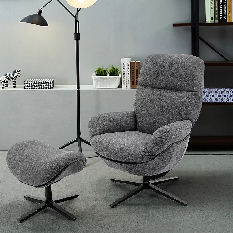 Upholstered Swivel Lounge Chair with Ottoman and Rocking Footstool