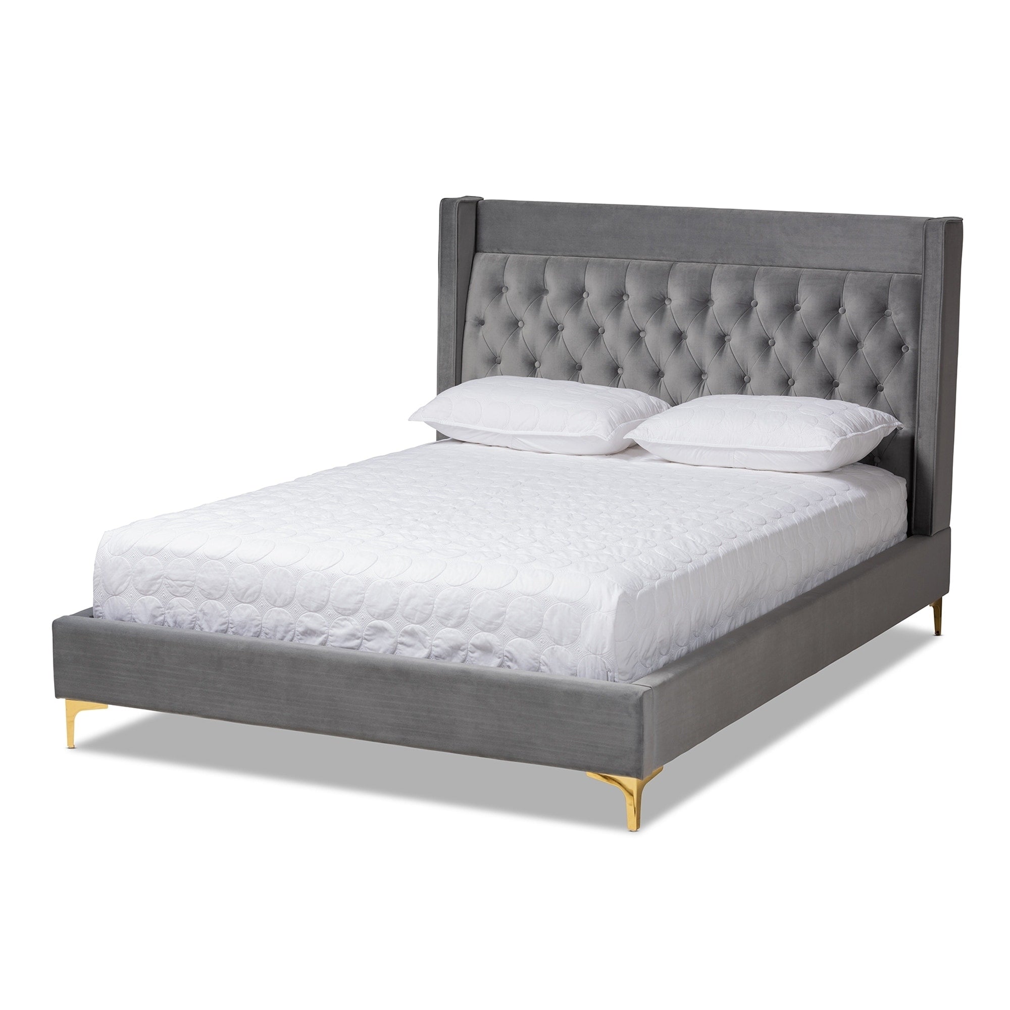 Baxton Studio Contemporary Velvet Upholstered Tufted Glam Platform Bed Blue Queen