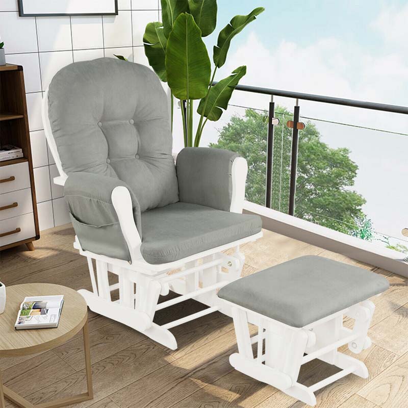 Glider Rocking Chair & Ottoman Set Solid Wood Baby Rocker Nursery Chair With Padded Cushions & Pockets