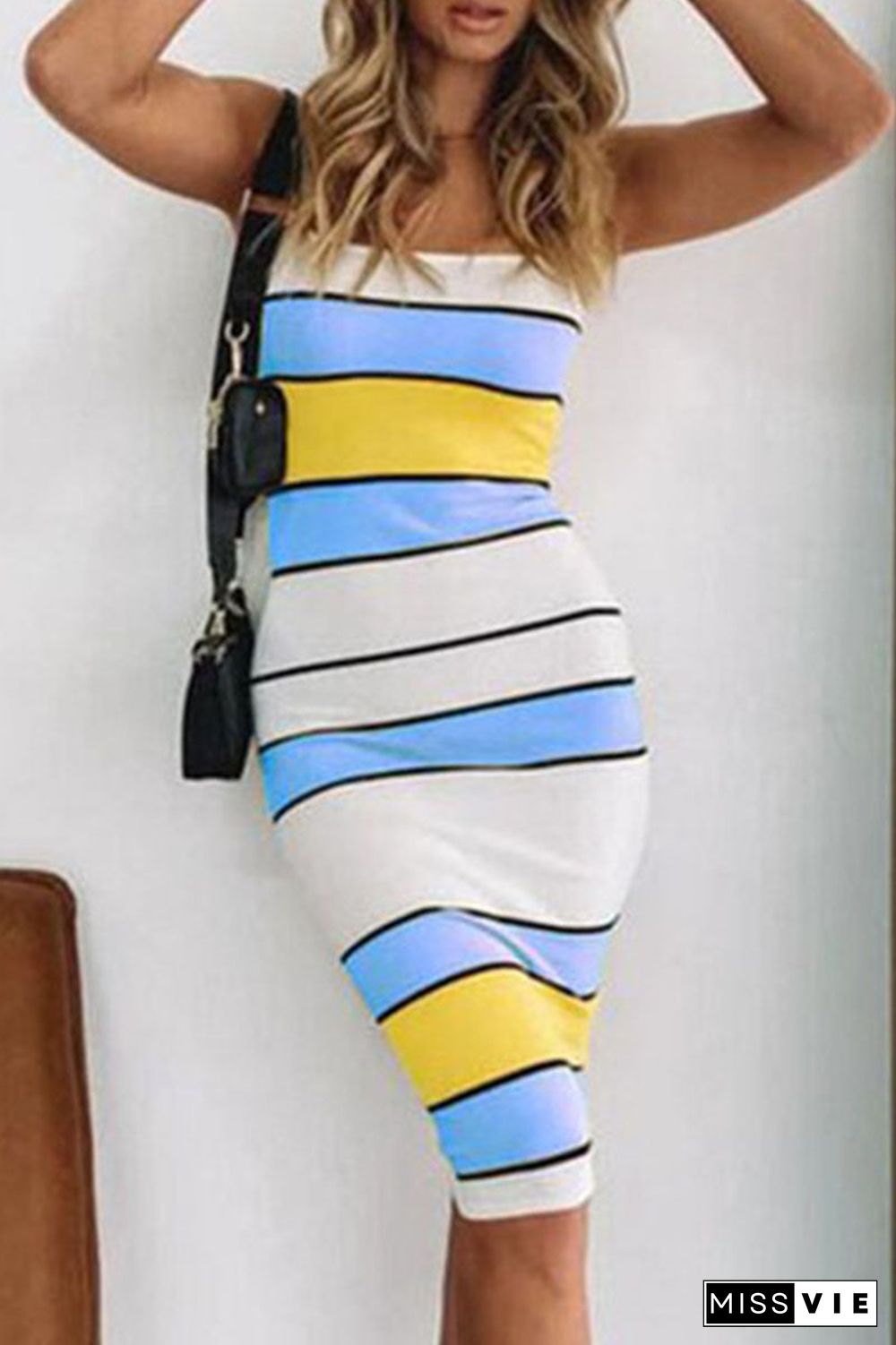 Fashion Casual Striped Split Joint Spaghetti Strap Pencil Skirt Dresses