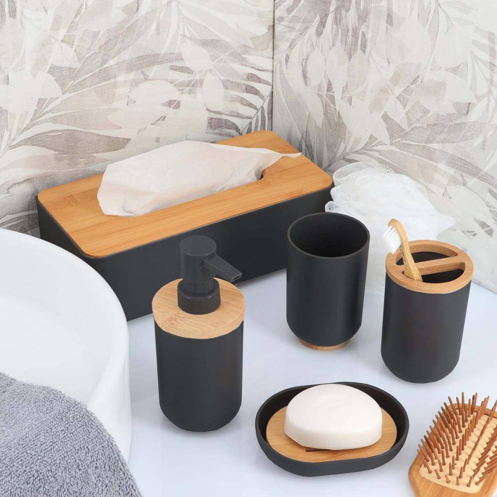 Padang 7--Pieces Bath Accessory Set with Soap Pump Tumbler Soap Dish and Toilet Brush Holder in PVC Black and Bamboo SET7PADANG6174237