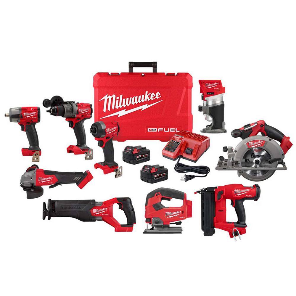 MW M18 FUEL 18-Volt Lithium Ion Brushless Cordless Combo Kit 6-Tool with Compact Router Jig Saw and 18 Gauge Brad Nailer 3697-22-2821-20-2880-20-2962-20-2730-20-